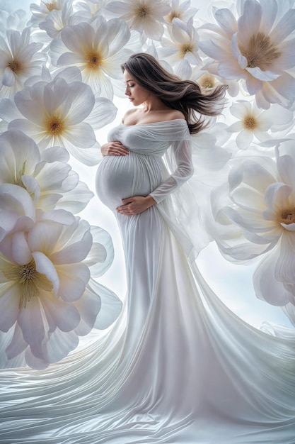 Elegant pregnant woman on flowery backdrop