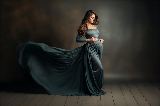 Elegant pregnant woman in flowing dress posing gracefully