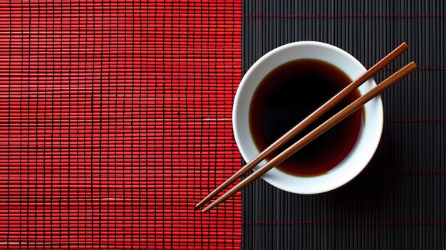 Foto un'elegante presentazione della cucina asiatica con le bacchette appoggiate su una ciotola bianca piena di