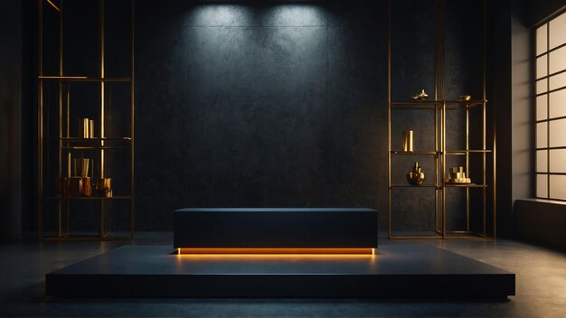 Foto elegant product podium in een donkere kamer met gloeiende neon een luxe en futuristische lege zwarte tafel