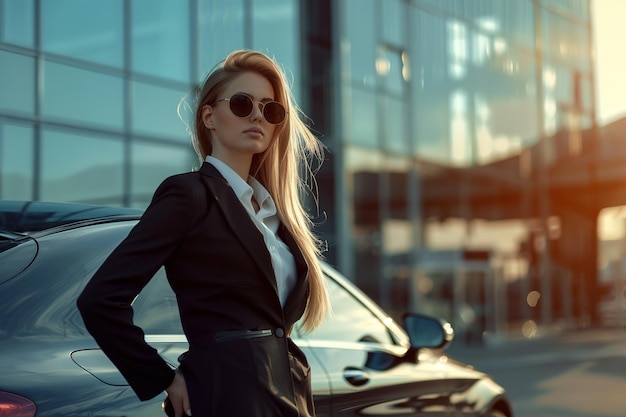 Elegant professional businesswoman in sunglasses posing by a luxury car a representation of success and style Perfect for articles on corporate lifestyle empowerment and fashion Generative AI