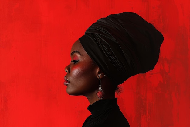 Elegant profiel van vrouw met zwarte hoofddoek tegen een rode achtergrond
