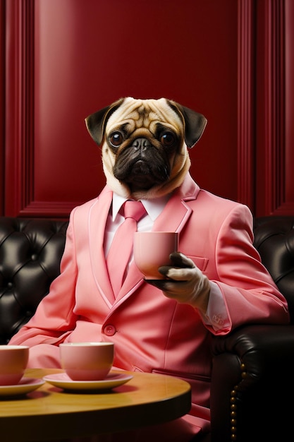 An elegant pug in a modern pink suit drinks coffee
