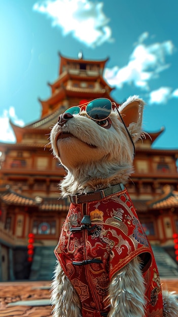 Elegant Pup in Traditional Attire Before Majestic Pagoda