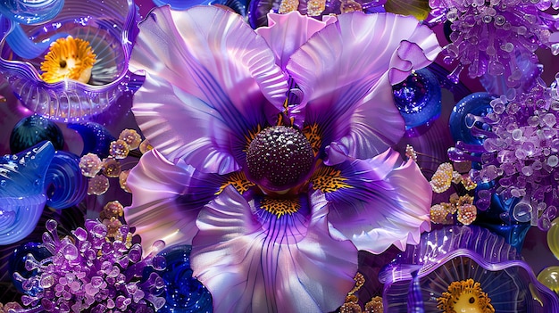 写真 花びらに露の滴があるガラスの優雅な紫色の花