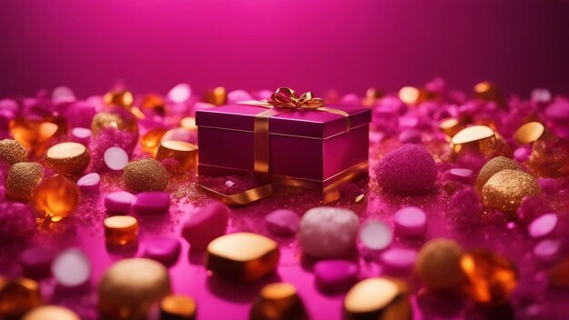 Photo elegant purple gift box with shimmering gold bow surrounded by pink and gold confetti