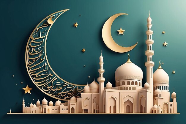 Elegant Ramadan viering spandoek met halve maan verborgen achter de moskee en