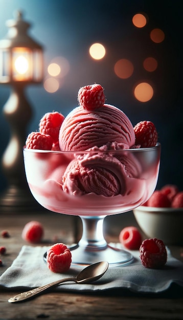 Elegant Raspberry Ice Cream in Glass Bowl Dark Background