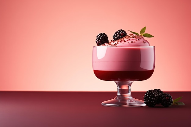 Elegant Raspberry Mousse in Sophisticated Glass against a Millennial Pink Backdrop with Space