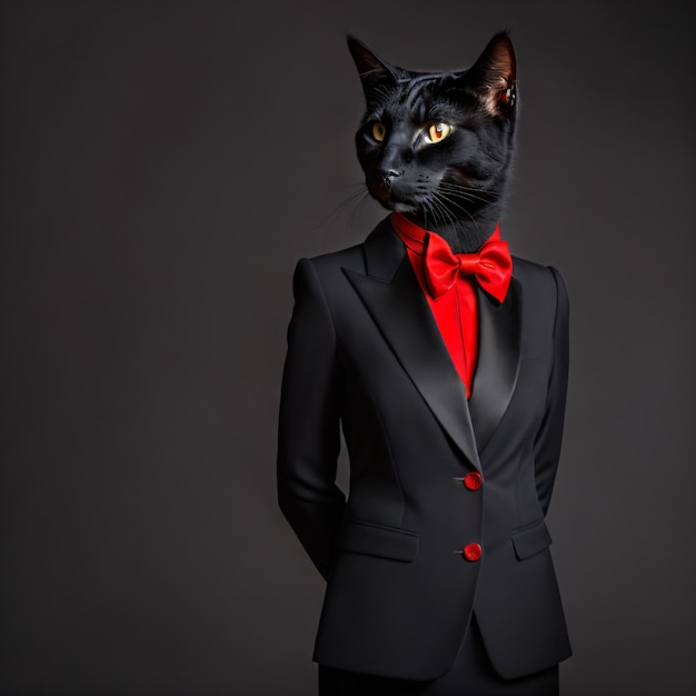 Photo elegant realistic black cat wearing black suit portrait