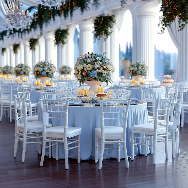 Элегантный белый павильон для приема с круглыми столами, покрытыми синим цветом для размера поста в социальных сетях