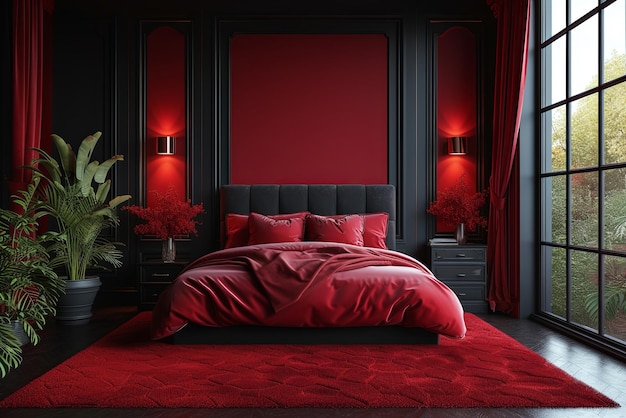 Elegant red black bedroom interior with backlighting