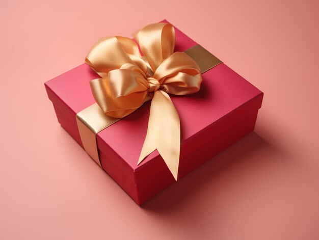 Elegant red gift box beautifully adorned with a golden satin ribbon on a pastel pink background