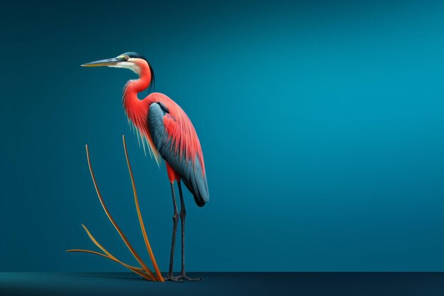 Elegant Red Heron in Blue