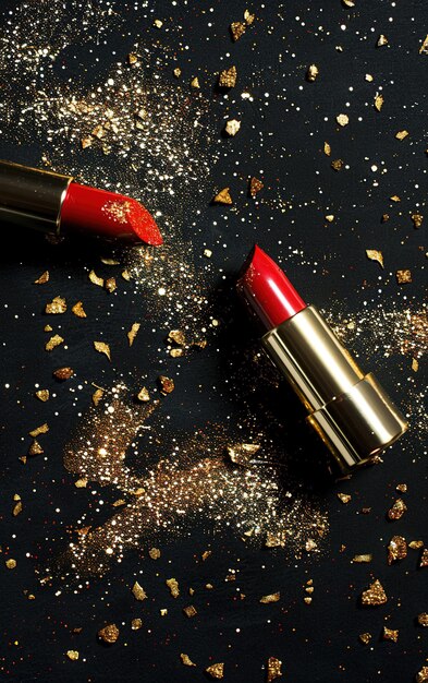 An elegant red lipstick amidst glittering gold dust embodying the essence of luxury and glamor in cosmetics