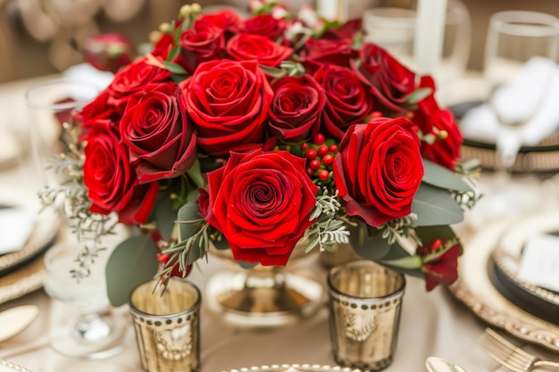 Elegant Red Rose Centerpiece on a Luxurious Table Setup with Golden Cutlery and Elegant Glassware