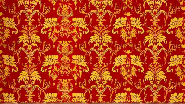 Elegant Red Wallpaper with Intricate Yellow Filigree Pattern