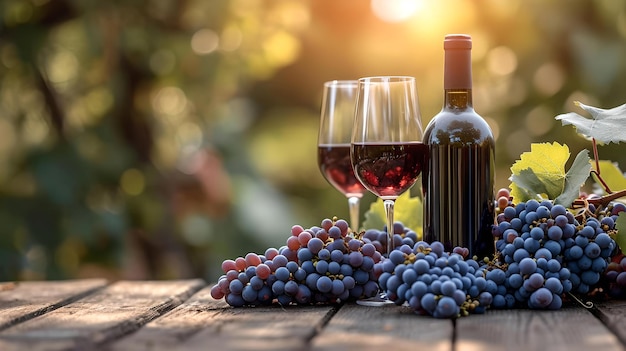 Foto eleganti bicchieri di vino rosso bottiglia e grappoli d'uva su tavolo rustico in legno al tramonto perfetto per serate romantiche ai