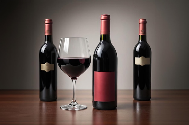 Elegant Red Wine Presentation With Glass and Three Bottles on a Burgundy Background