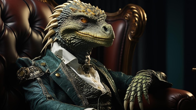 Photo elegant reptilian creature in vintage attire seated on a leather chair