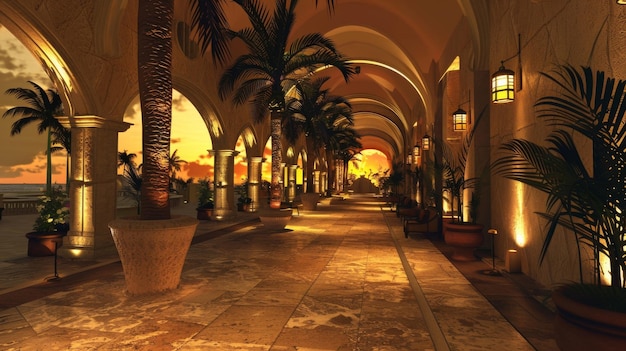 Photo an elegant resort corridor with a series of arches framing a beautiful sunset view