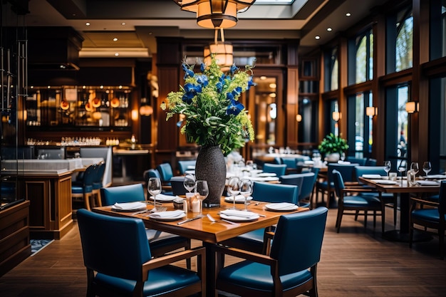 Foto elegant restaurant interieur met blauwe bloemen op de tafel