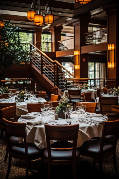 Foto elegant restaurantinterieur met ronde tafels en stoelen