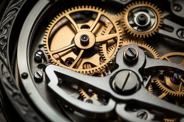 Elegant retro clockwork mechanism with cogs and gears closeup