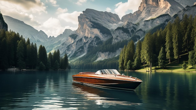 Elegant Riva Boat Gliding on Serene Lake AI Generated