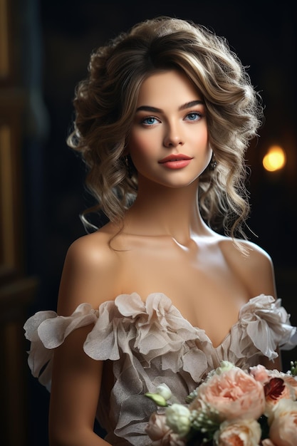 Elegant romantic and stylish wedding bride portrait Elegant and elegant outfit dresses unconventional look luxe presentable lace grooms flower bouquet new life bridal dress