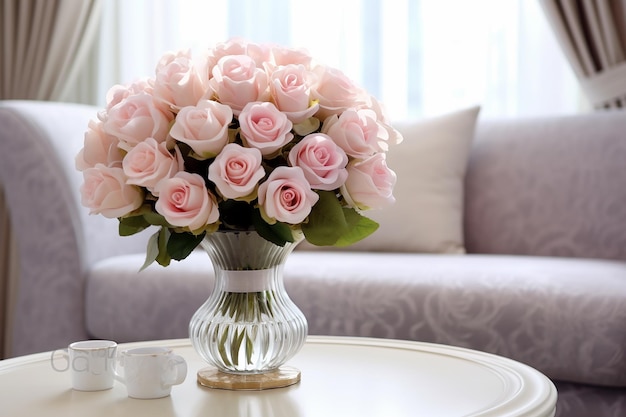 ポルセライン の 花瓶 に 飾ら れ た 優雅 な バラ の 花束