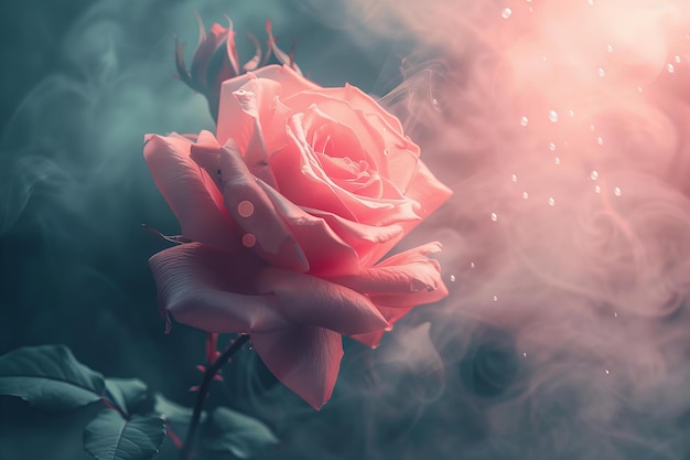 Elegant Rose Surrounded by Soft Mist and RoseHued Glow