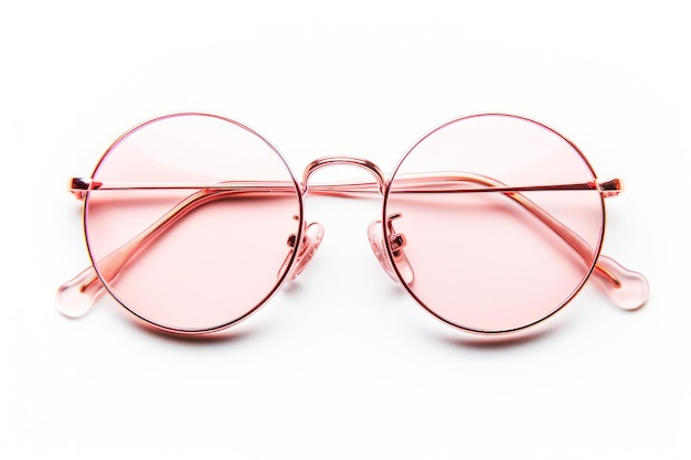 柔らかいピンクの背景に優雅な丸いローズゴールドのメガネ