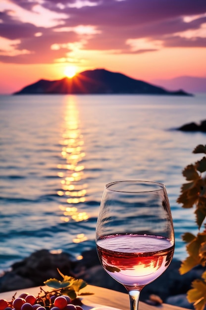 Foto elegant roze wijnglas met uitzicht op zonsondergang