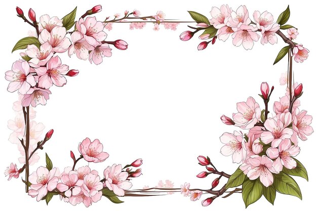 Elegant Sakura Flower Frame Botanical Drawing on White Background