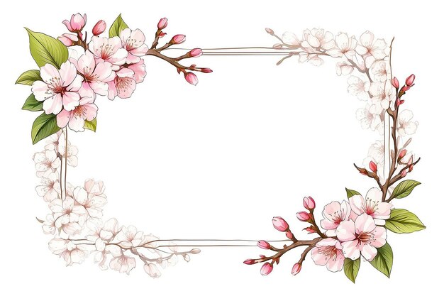 Elegant Sakura Flower Frame Botanical Drawing on White Background