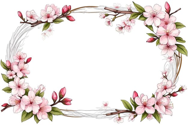 Elegant Sakura Flower Frame Botanical Drawing on White Background