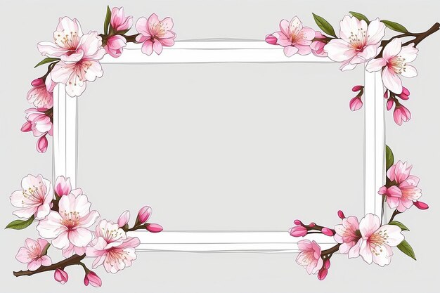 Elegant Sakura Flower Frame Botanical Drawing on White Background