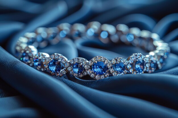 Photo elegant sapphire diamond bracelet on luxurious blue silk