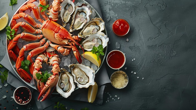 Elegant seafood platter with lobster tails shrimp cocktail oysters and crab legs