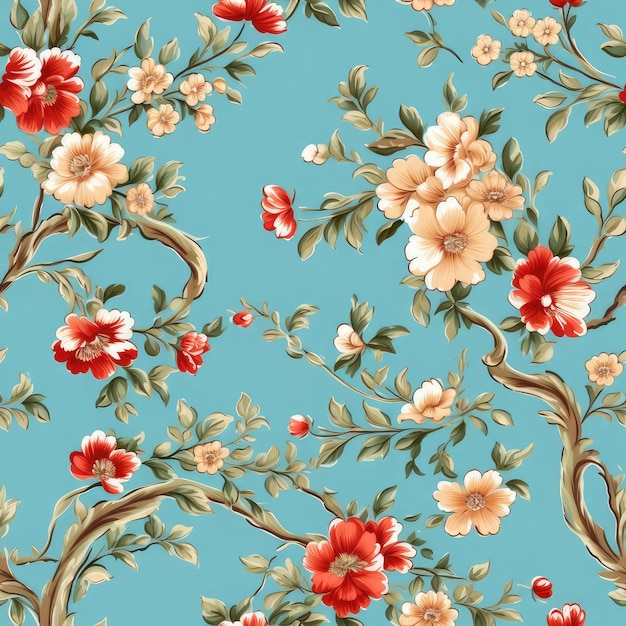 Photo elegant seamless pattern victorian floral in blue and red with twisted branches