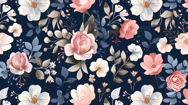 An elegant seamless pattern of vintage flowers on a navy background