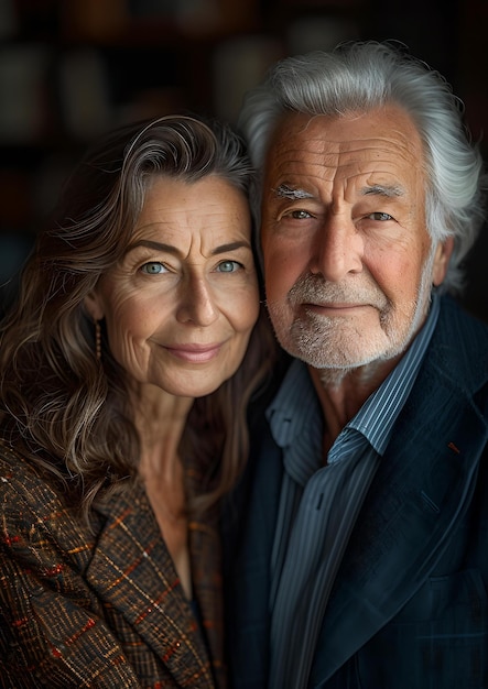 Элегантная пожилая пара, обнимающаяся с теплыми улыбками, вечная любовь и дружба, запечатленная на портрете AI