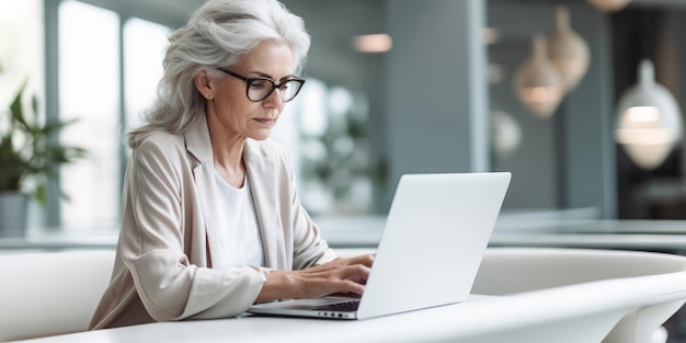 Элегантная старшая женщина-исполнитель работает на ноутбуке в ярком интерьере офиса Концепция лидерства Генеративный ИИ