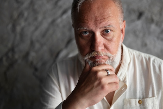 Elegant senior man posing in white shirt