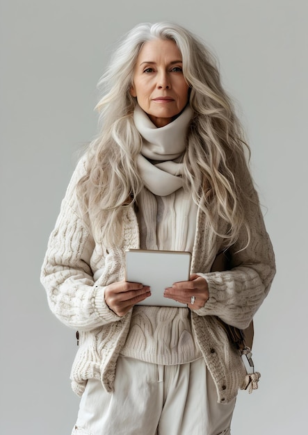 사진 elegant senior woman posing confidently with a digital tablet in a studio setting stylish and techsavvy elder ai
