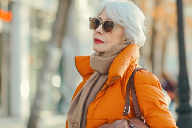 Elegant Senior Woman with White Hair in Orange Coat and Sunglasses Outdoors