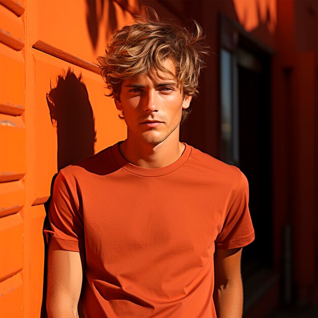 elegant serious young man in orange tshirt