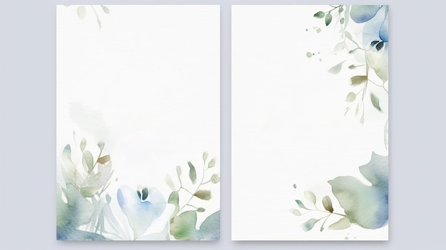 Elegant set of wedding invitation card template with floral and leaves decoration Watercolor background on white AI generative