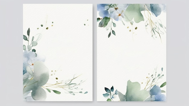 花と葉の装飾が施された結婚式の招待カード テンプレートのエレガントなセット白 AI 生成の水彩画の背景